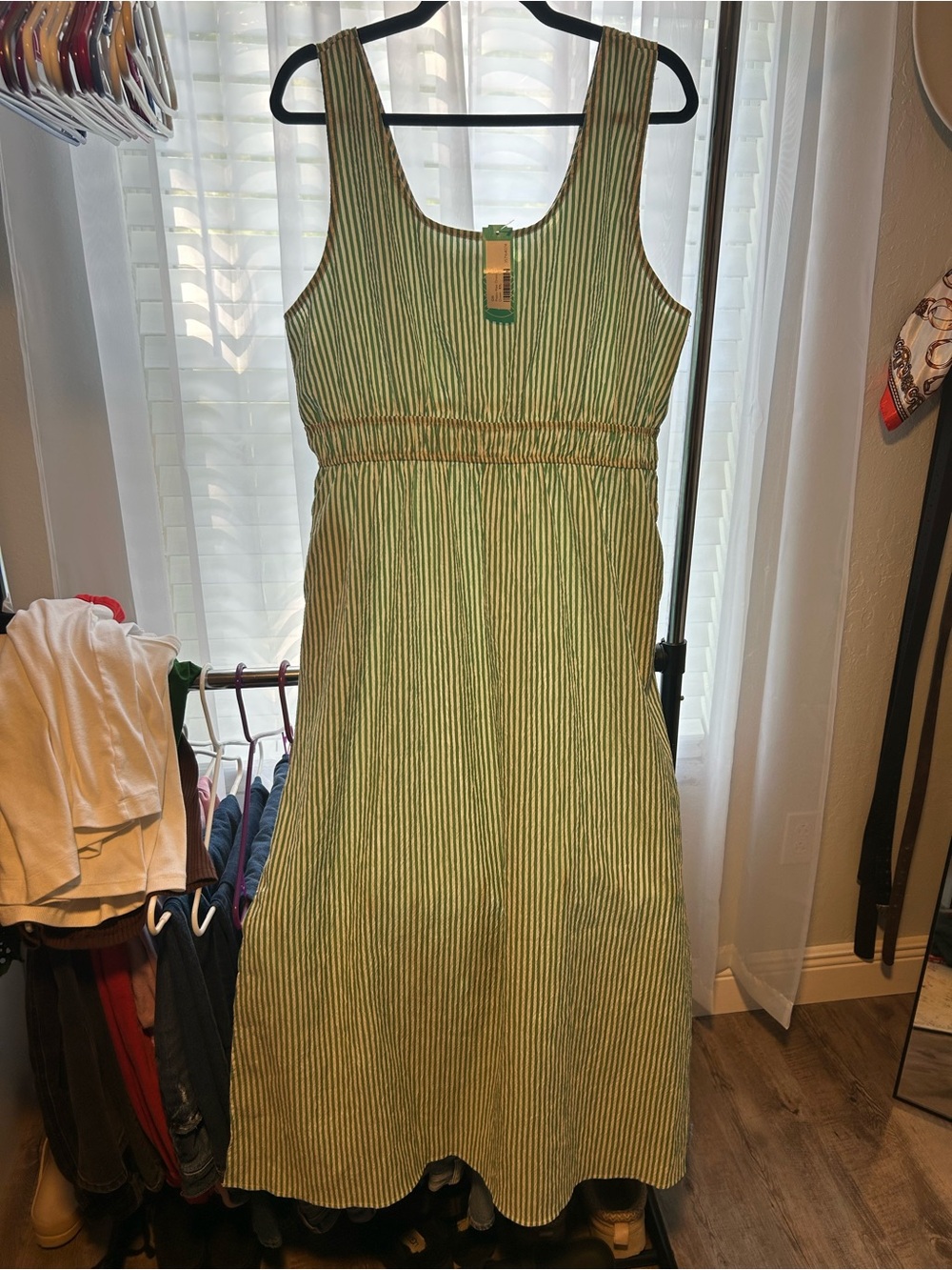 Gilli Green and White Striped Sleeveless Midi Dress